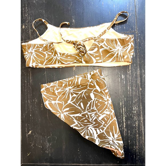 Madewell Tie Back Bikini White Gold Abstract Floral Sepia Plus Size 4x - Picture 9 of 12